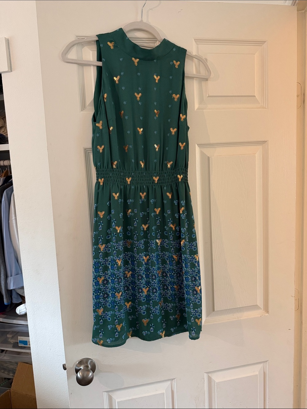 Anthropologie Sleeveless Emerald Green Floral Print Dress with Gold Accents